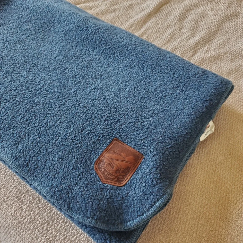 Vtg‎ Ralph Lauren Blue Fleece Throw Blanket Leather Patch 50x68 Rustic Cabin